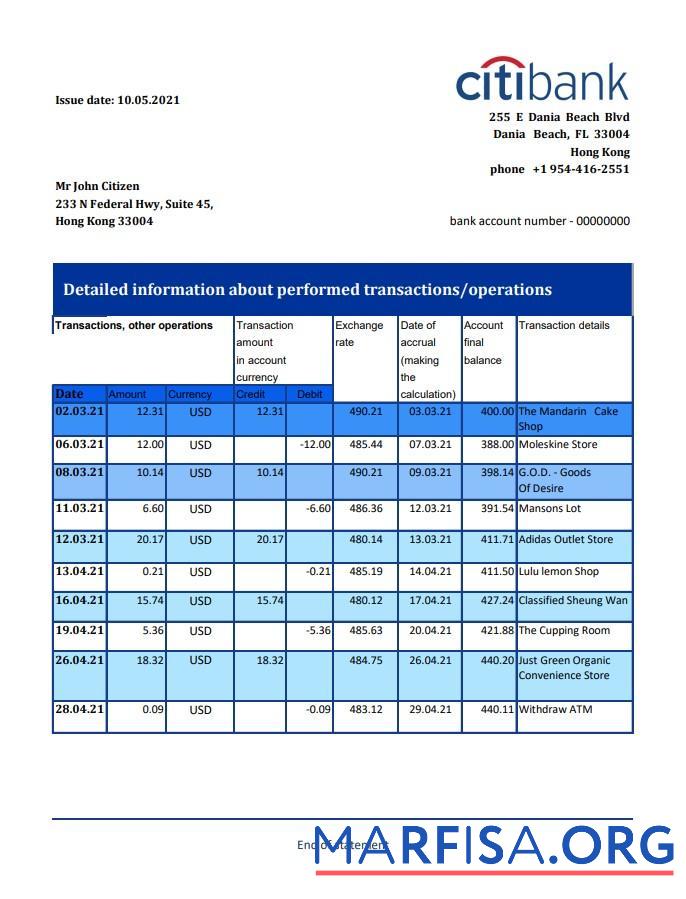 Downloadable Hong Kong Citibank bank statement excel sample